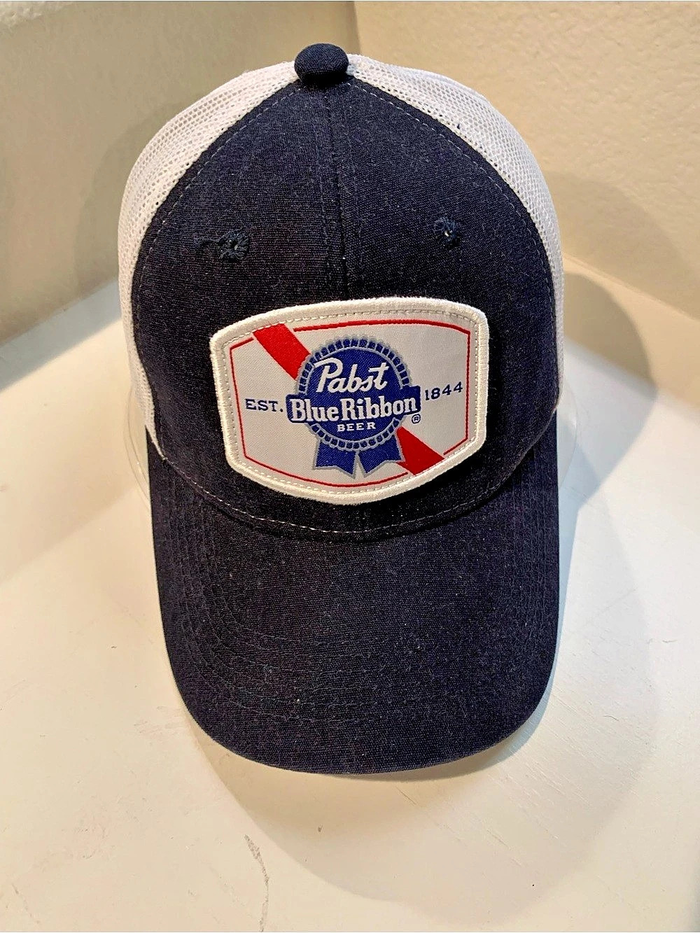 Pabst Blue Ribbon Est. 1844 Patch Trucker Hat Black & White